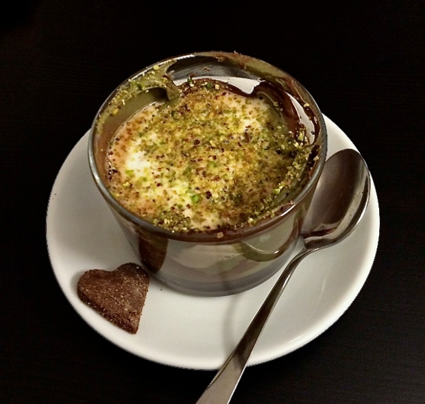 Caffe del Conte: espresso, warm cream, chocolate cream, pistachio cream, steamed milk, & shopped pistachios 